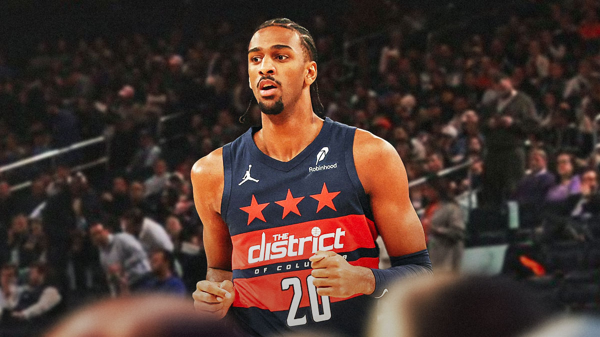 Wizards rookie Alex Sarr, Capital One Arena behind him