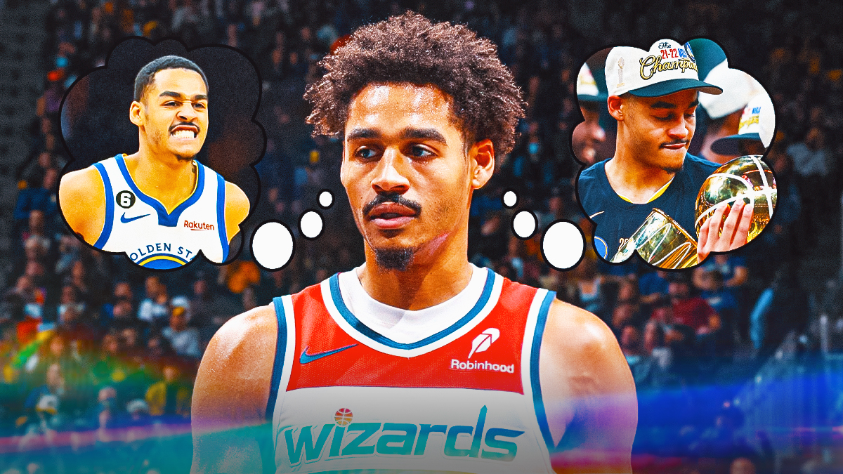Wizards' Jordan Poole with a thought bubble containing an image of his 2019 version with the Warriors and a picture of him in 2022 carrying the championship trophy