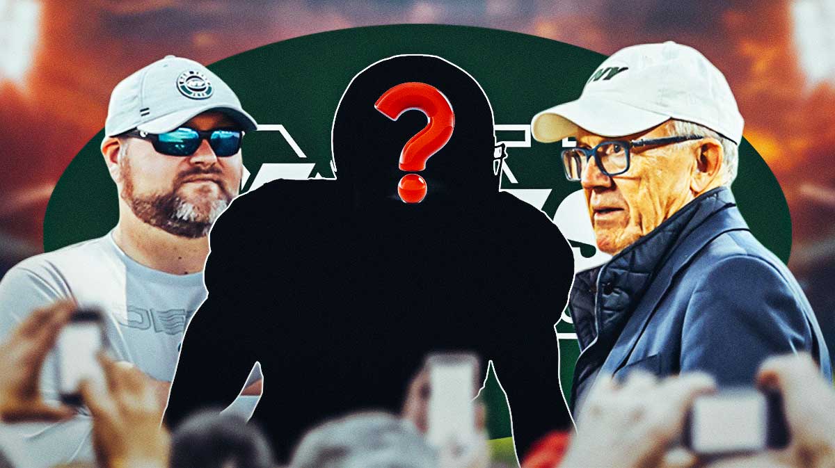 New York Jets owner Woody Johnson with former GM Joe Douglas and a silhouette of a man with a big question mark emoji inside. There is also a logo for the New York Jets.