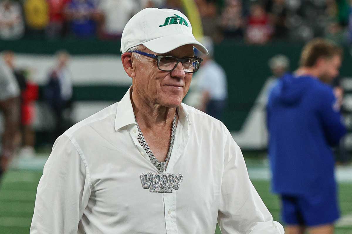 Sep 11, 2023; East Rutherford, New Jersey, USA; New York Jets owner Woody Johnson on the field before the game against the Buffalo Bills at MetLife Stadium.