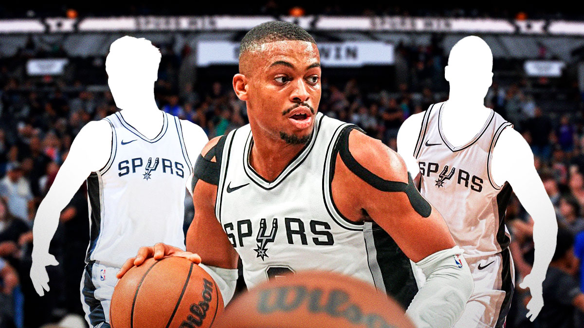 Spurs Keldon Johnson in the middle with a silhouette of Harrison Barnes on one side and a silhouette of Zach Collins on the other
