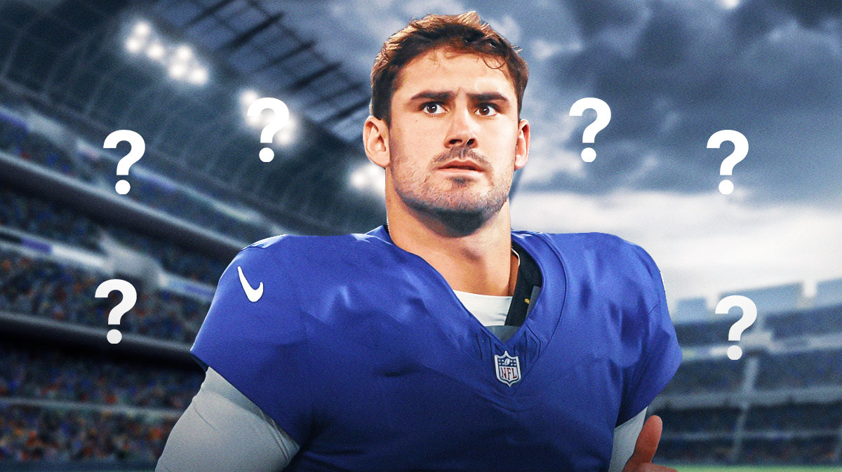 Daniel Jones in an anonymous NFL jersey surrounded by question marks.