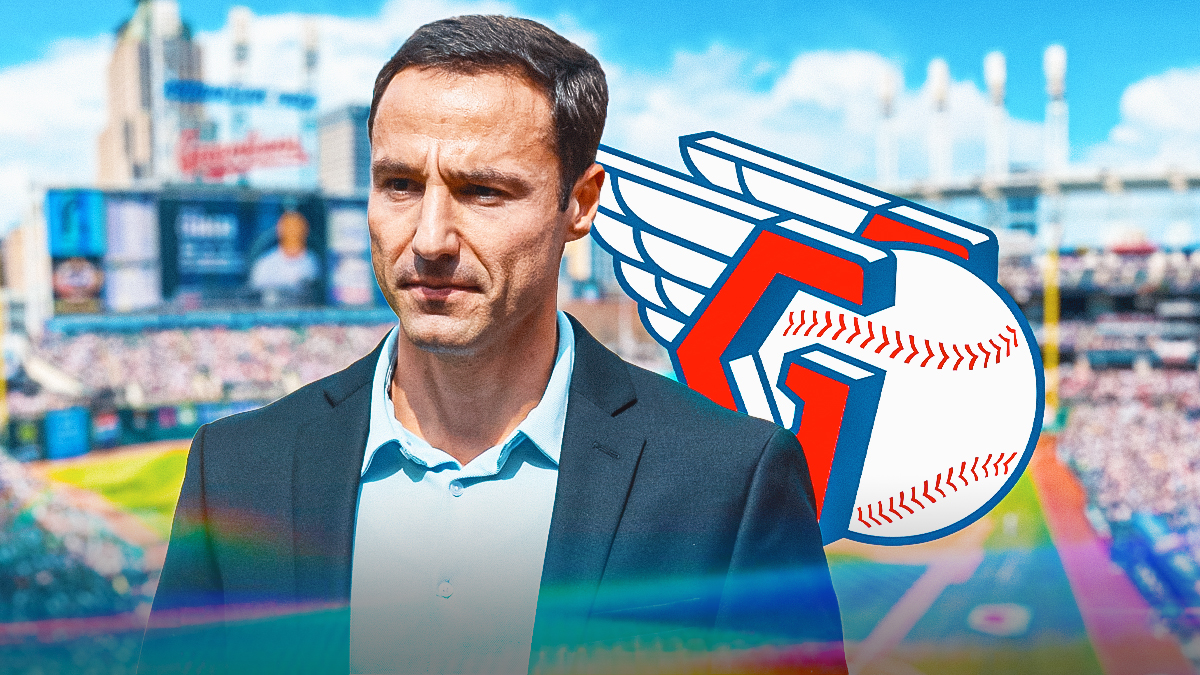 Guardians president of baseball operations Chris Antonetti, Progressive Field in back
