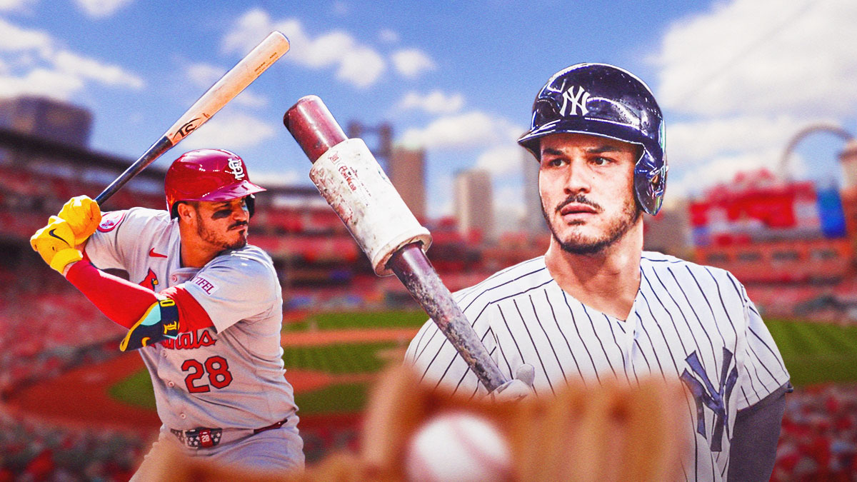 Nolan Arenado in a Yankees jersey in front. In background, need Cardinals Nolan Arenado swinging a baseball bat.