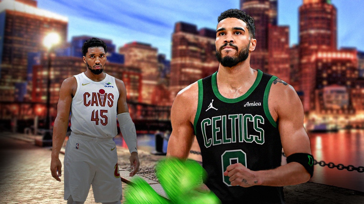 Jayson Tatum looking hyped on a Boston city background next to a sad/serious Donovan Mitchell