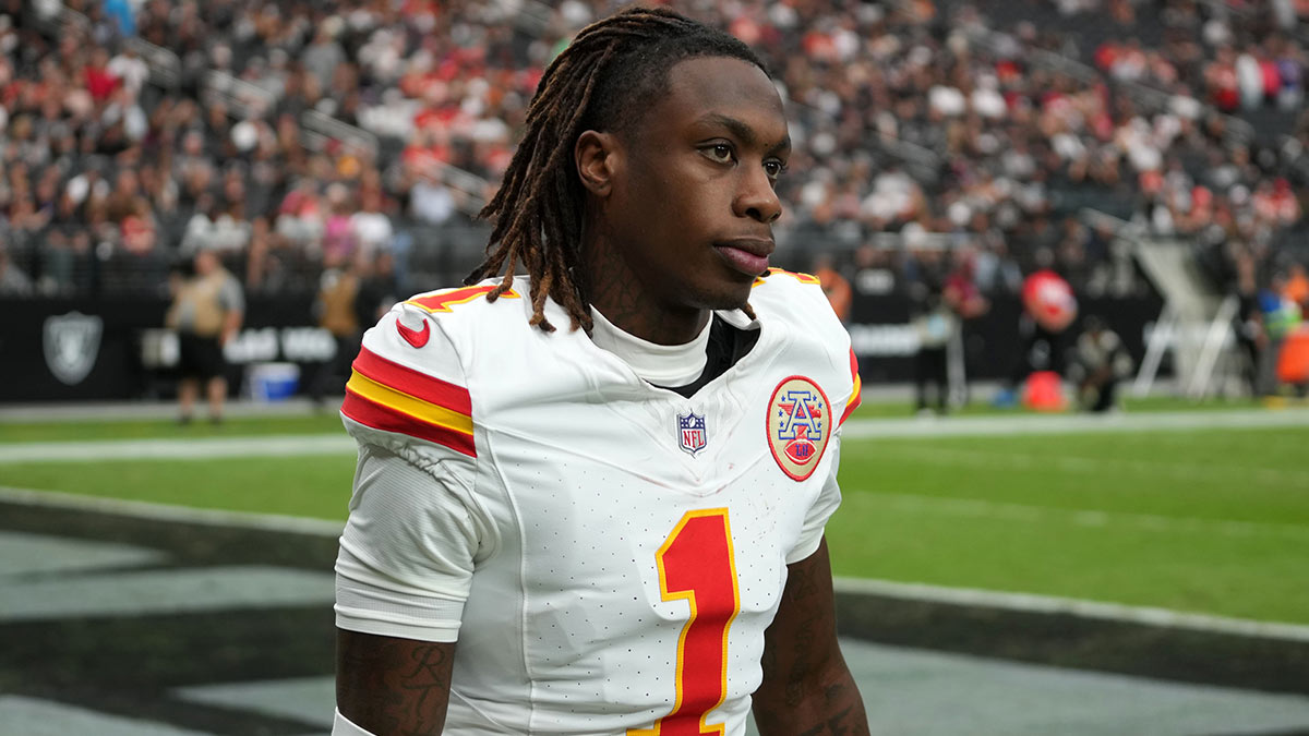 Kansas City Chiefs wide receiver Xavier Worthy (1) in the second half against the Las Vegas Raiders at Allegiant Stadium.