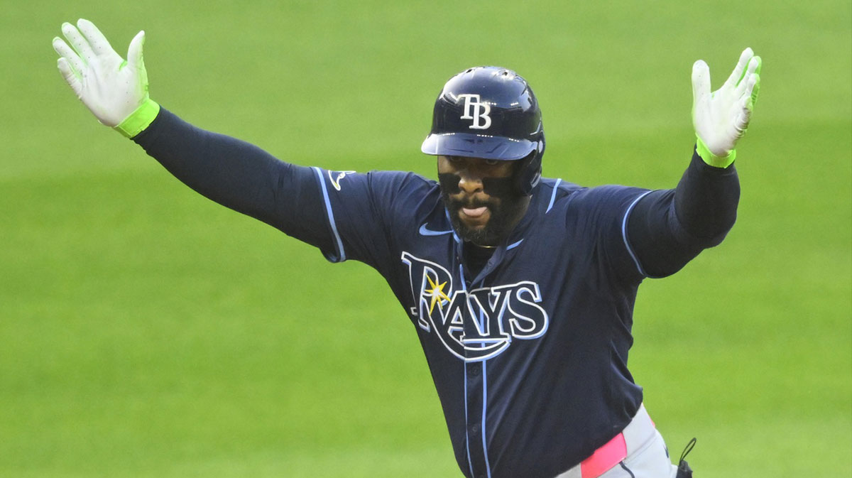 Tampa Bay Rays first baseman Yandy Diaz (2) celebrates his double in the first inning against the Cleveland Guardians at Progressive Field. 