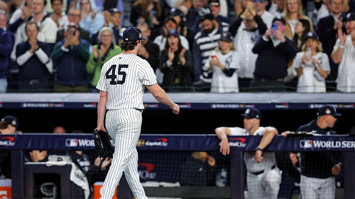 New York Yankees pitcher Gerrit Cole (45) walks off the field after being relieved during the seventh inning against the Los Angeles Dodgers in game four of the 2024 MLB World Series at Yankee Stadium