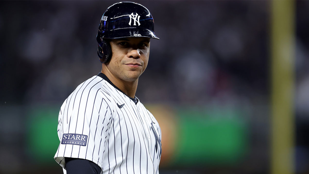 New York Yankees outfielder Juan Soto (22) on third base during the first inning in game four of the 2024 MLB World Series against the Los Angeles Dodgers at Yankee Stadium. 