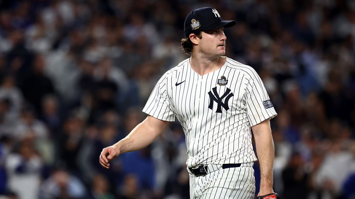 Yankees pitcher Gerrit Cole (45) reacts after a play during the fifth inning against the Los Angeles Dodgers in game five of the 2024 MLB World Series at Yankee Stadium