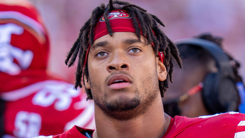 San Francisco 49ers defensive end Yetur Gross-Matos (94) on the sidelines during the third quarter against the New England Patriots at Levi's Stadium.
