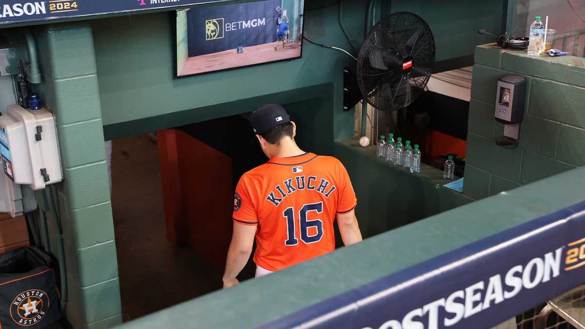 Houston Astros pitcher Yusei Kikuchi (16) leaves the dog our after a victory by the Detroit Tigers in game two of the Wildcard round for the 2024 MLB Playoffs at Minute Maid Park.