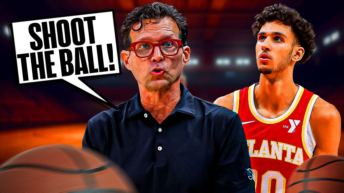 Zaccharie Risacher and Quin Snyder with a text bubble that says "Shoot the ball!"