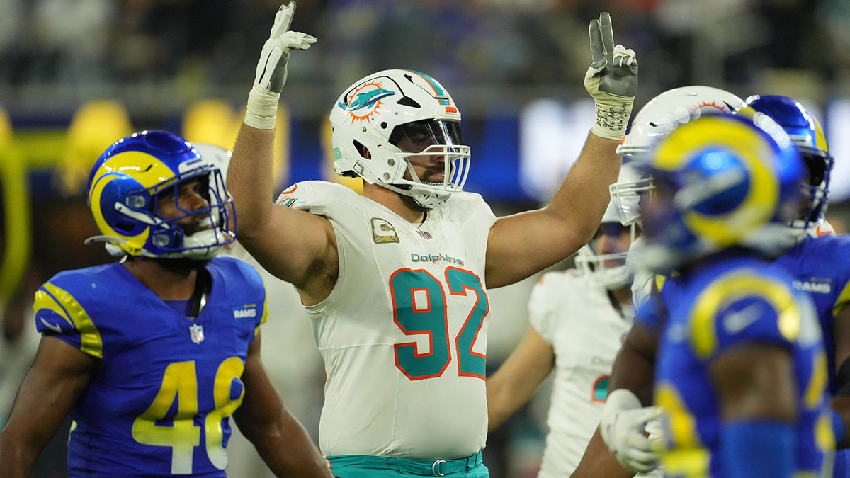 Miami Dolphins defensive tackle Zach Sieler (92) celebrates in the second half against the Los Angeles Rams at SoFi Stadium.