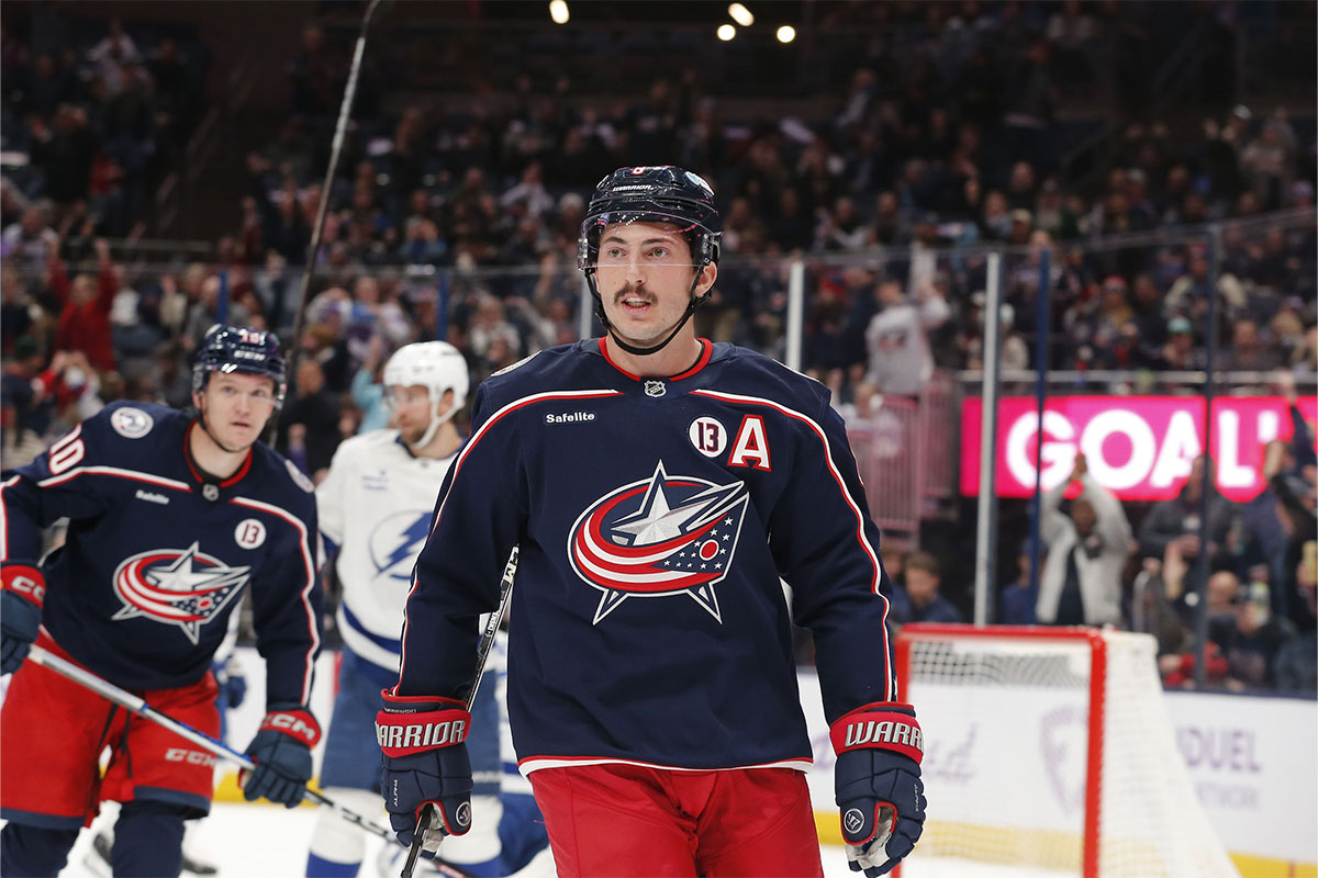 Columbus Blue Jackets defenseman Zach Werenski (8) looks on against the Tampa Bay Lightning during the second period at Nationwide Arena.