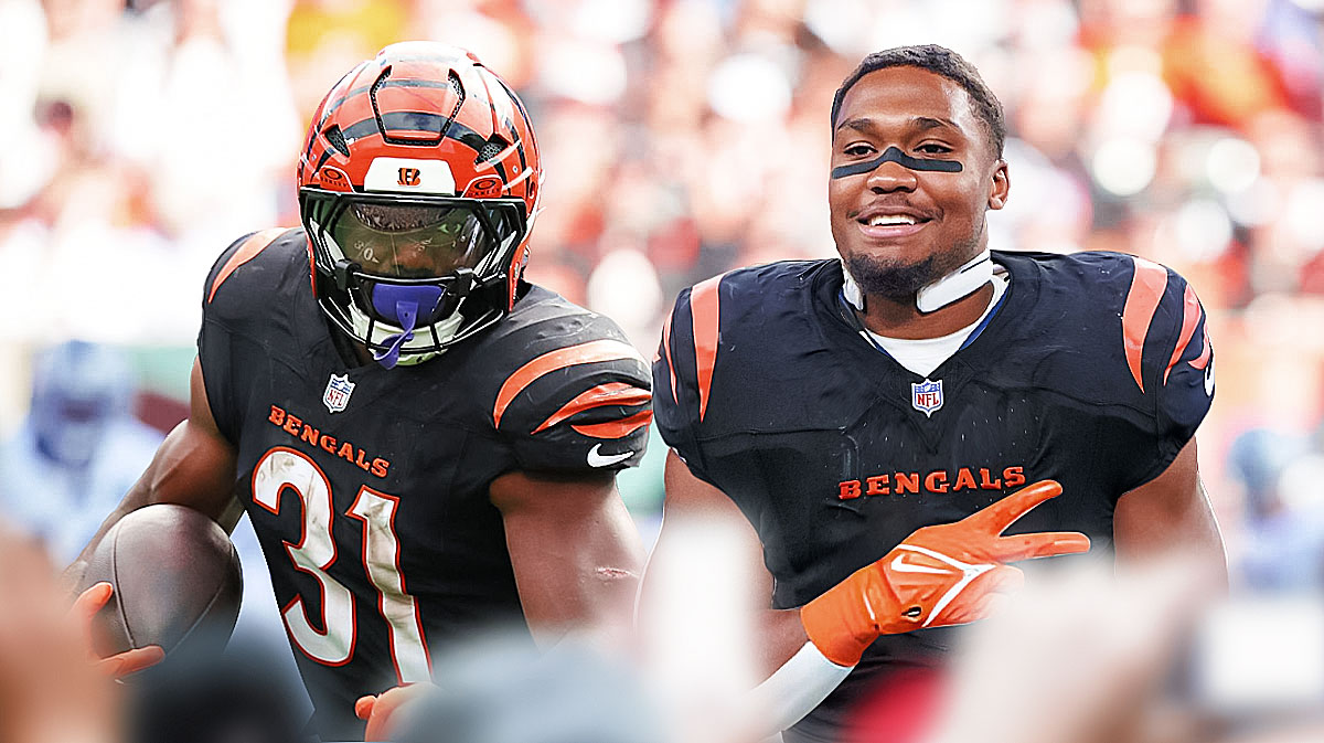 Zack Moss in a Bengals jersey and Khalil Herbert in a Bengals jersey.