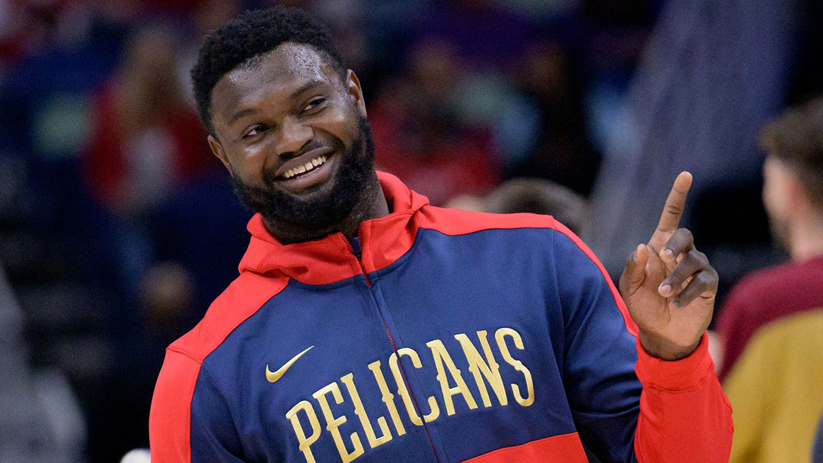 New Orleans Pelicans forward Zion Williamson (1) smiles before his game against the Cleveland Cavaliers at the Smoothie King Center.