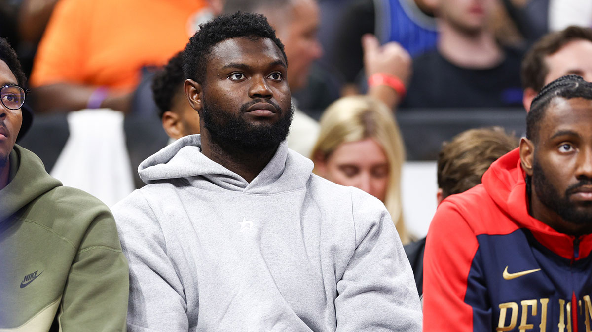 New Orleans Pelicans forward Zion Williamson (1) looks on from the bench against the Orlando Magic in the third quarter at Kia Center. 