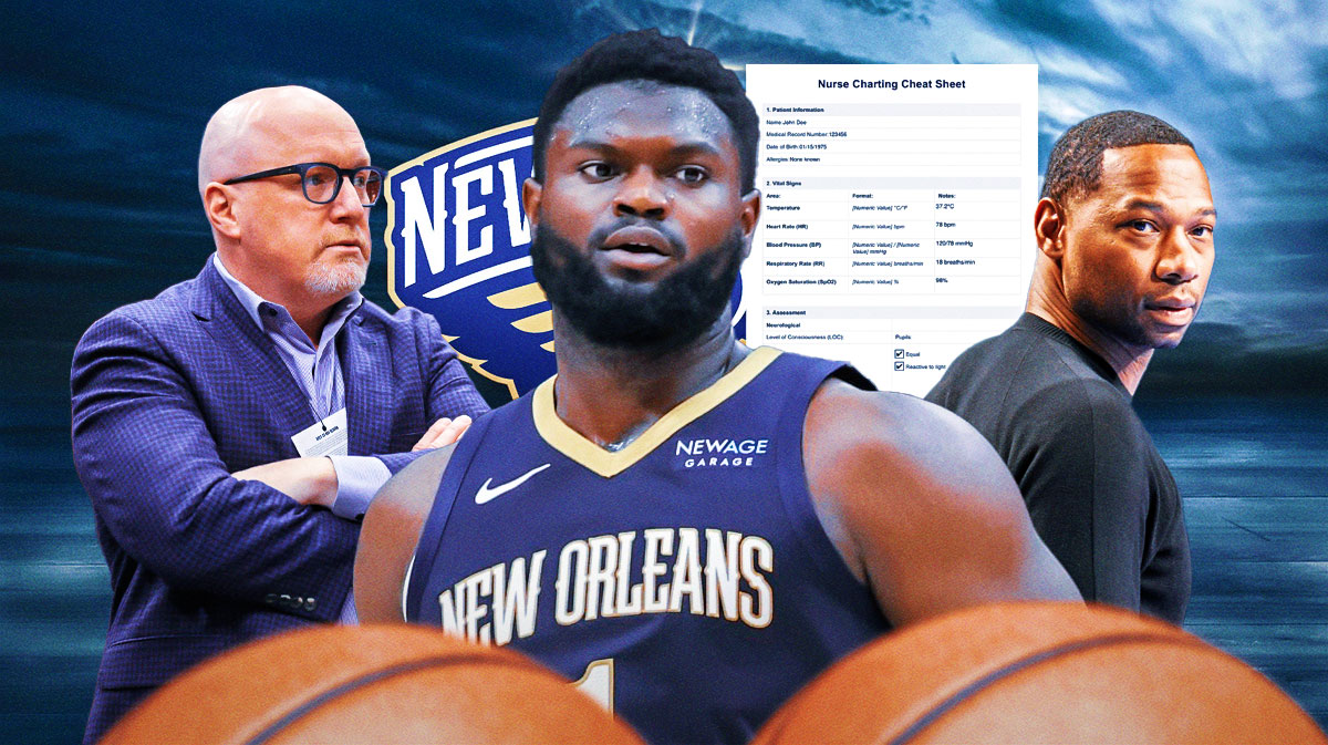 Zion Williamson, Willie Green, David Griffin, Pelicans logo, and a rehab charting file