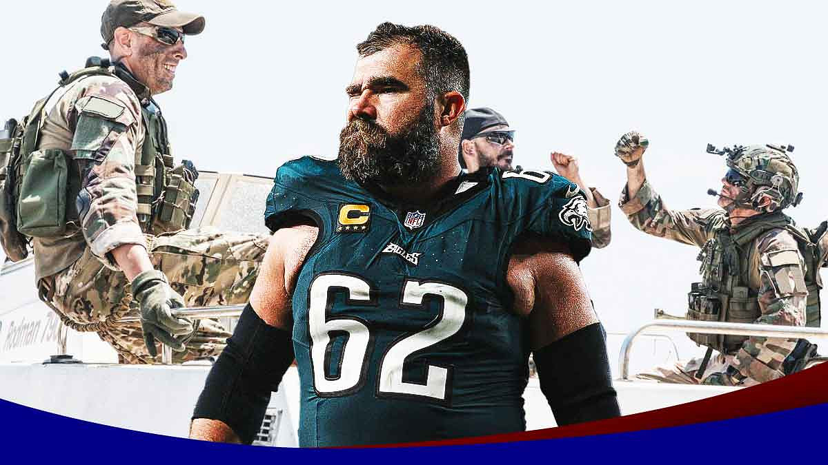 PHILADELPHIA EAGLES CENTER JASON KELCE SURROUNDED BY NAVY SEALS