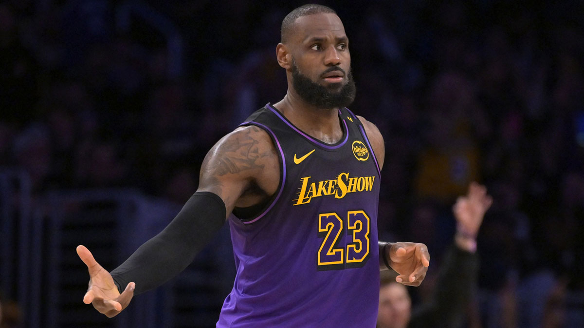 Los Angeles Lakers forward LeBron James (23) reacts after a 3-point basket in the second half against the Orlando Magic at Crypto.com Arena