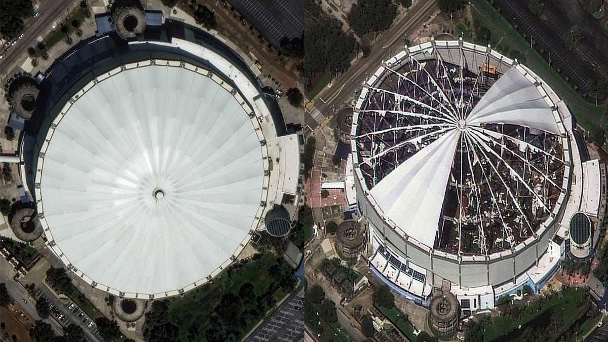 Tropicana Field before and after Hurricane Milton.