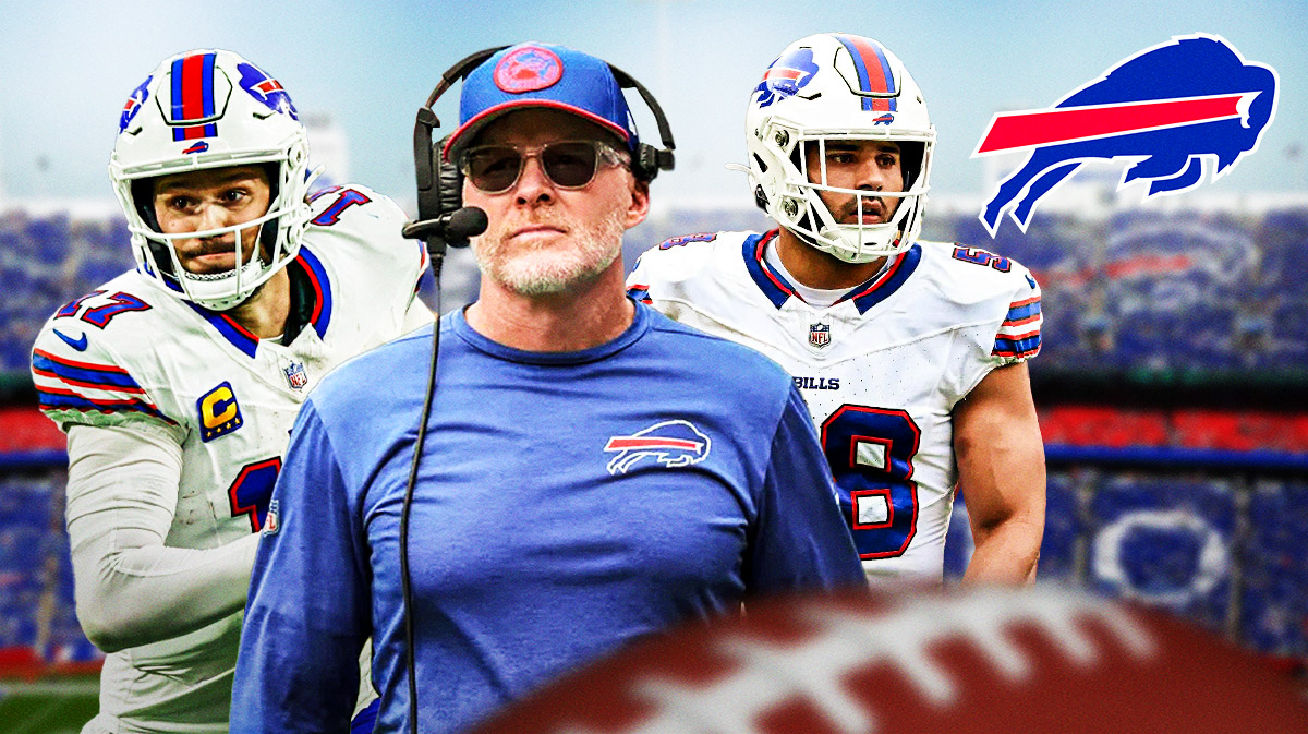 Buffalo Bills head coach Sean McDermott with QB Josh Allen and linebacker Matt Milano. There is also a logo for the Buffalo Bills.