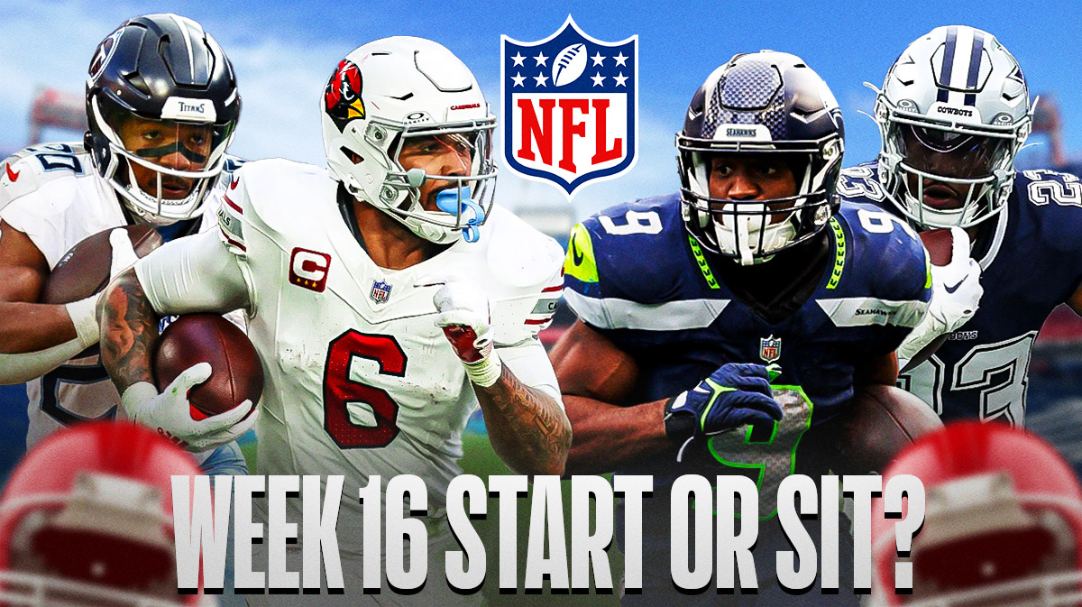 Here we have fantasy football Running Backs James Conner, Tony Pollard, Kenneth Walker III, and Rico Dowdle with the NFL wallpaper background.