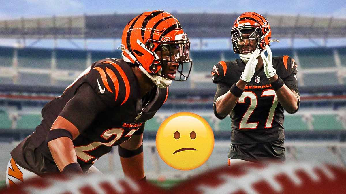 Bengals Jordan Battle running next to another picture of him looking upset with the confused face emoji in the middle