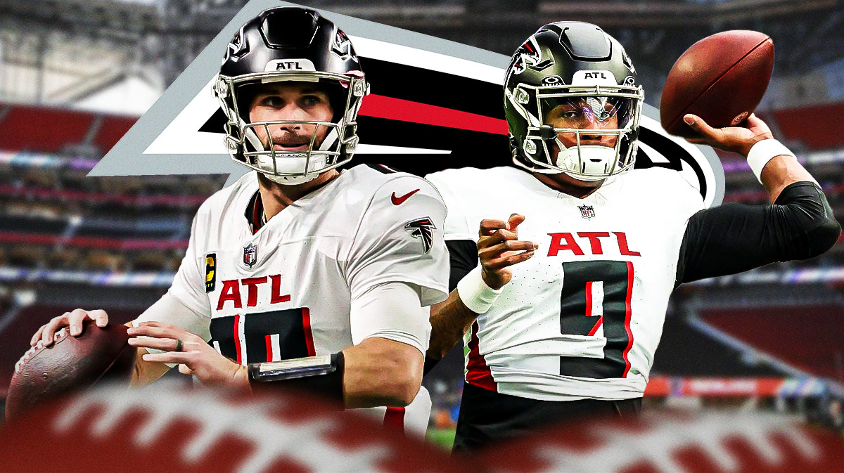 Atlanta Falcons QB Kirk Cousins with QB Michael Penix Jr. There is also a logo for the Atlanta Falcons.