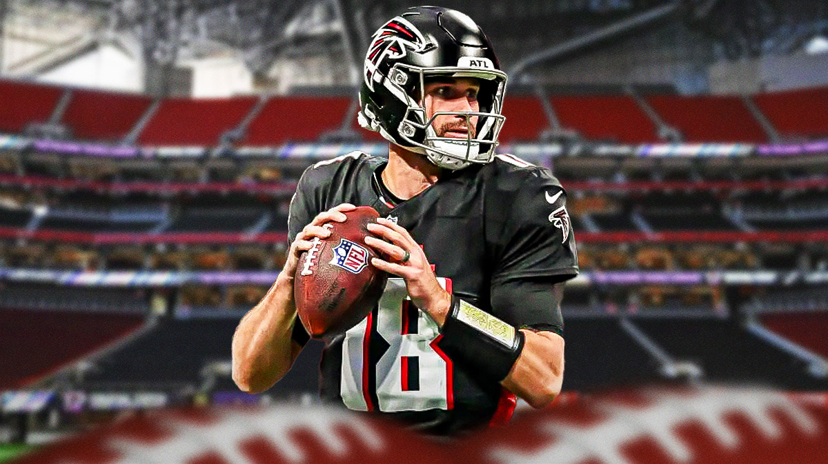 Atlanta Falcons star Kirk Cousins in front of Mercedes-Benz Stadium.