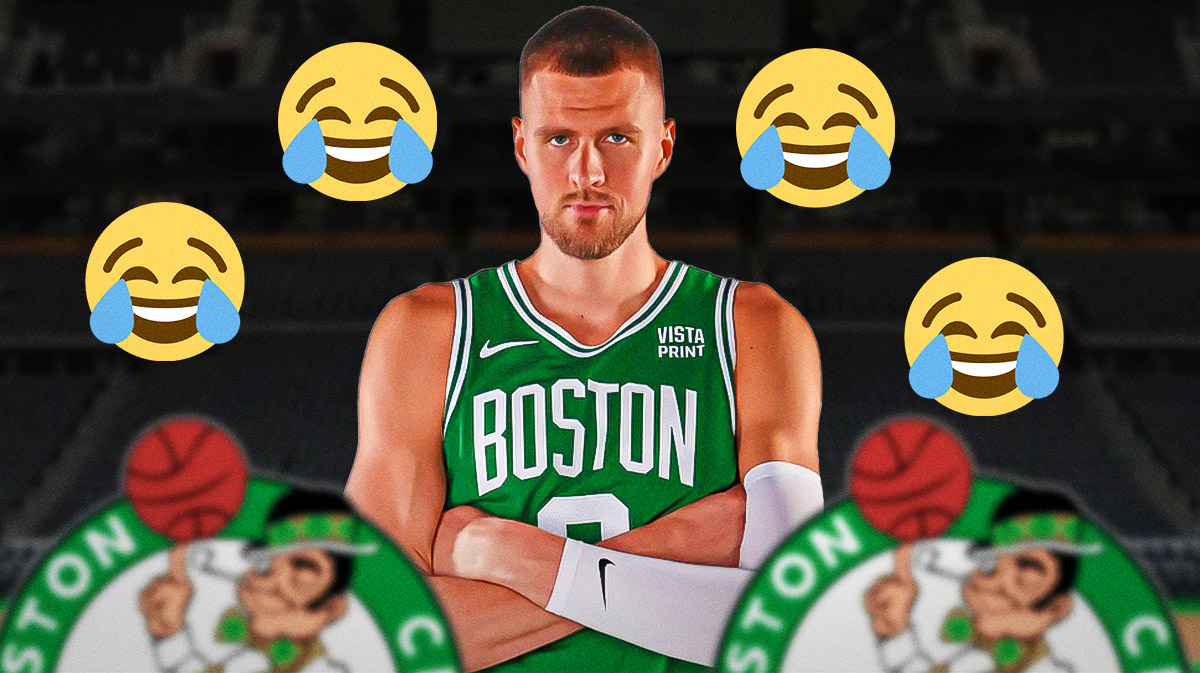 Kristaps Porzingis with laughing emojis surrounding the picture.