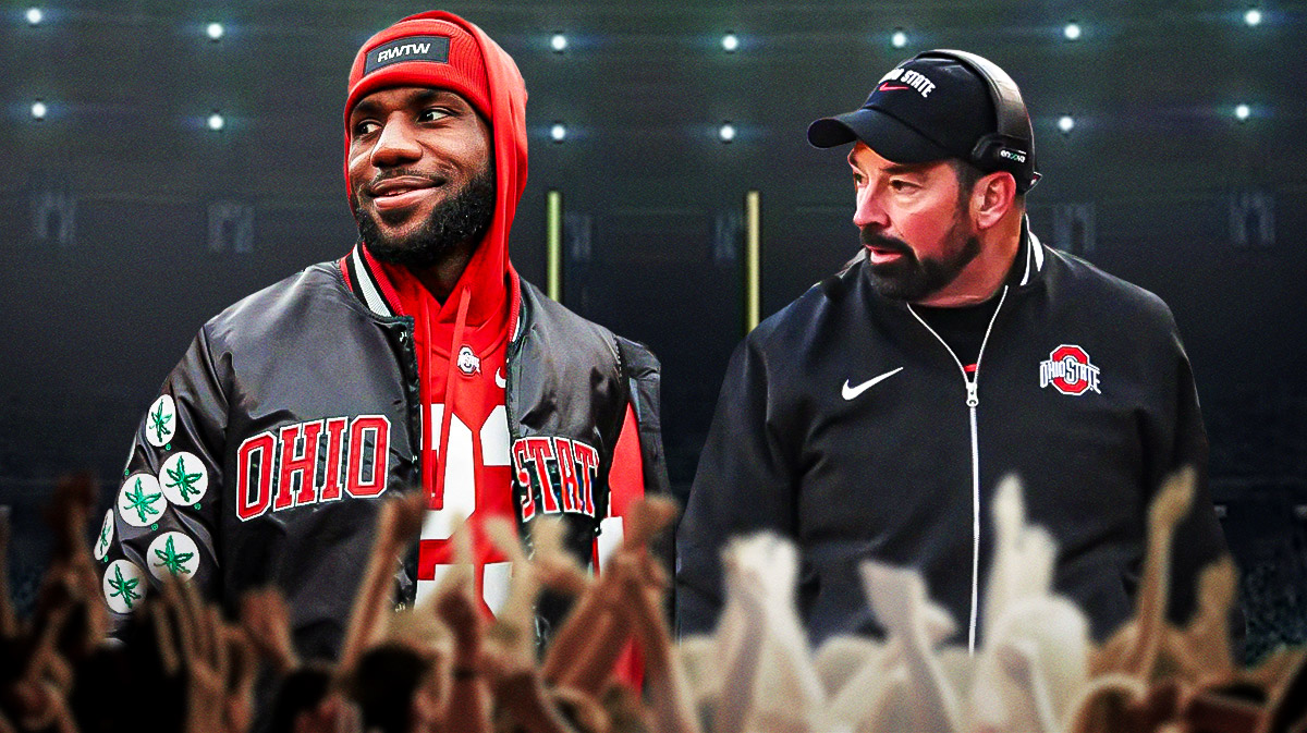 Lakers LeBron James wearing Ohio State gear with Ohio State Ryan Day