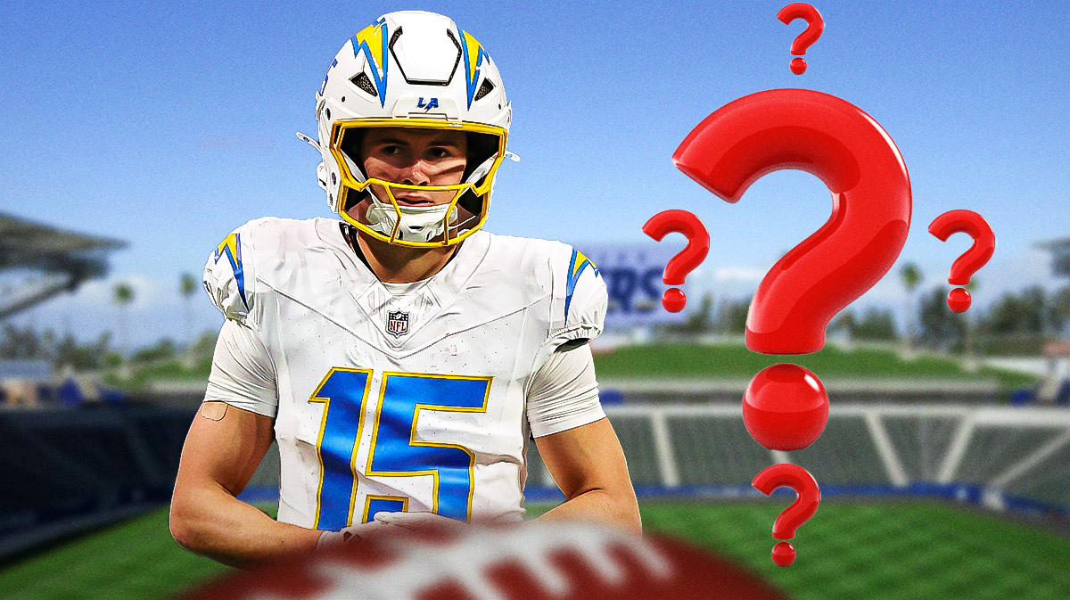 Ladd McConkey in a Chargers jersey with question marks.