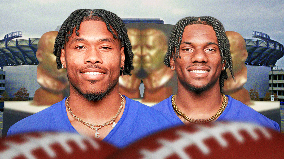 Hall of Fame style 'busts' of Nabers and Tyrone Tracy's heads in front of Giants stadium
