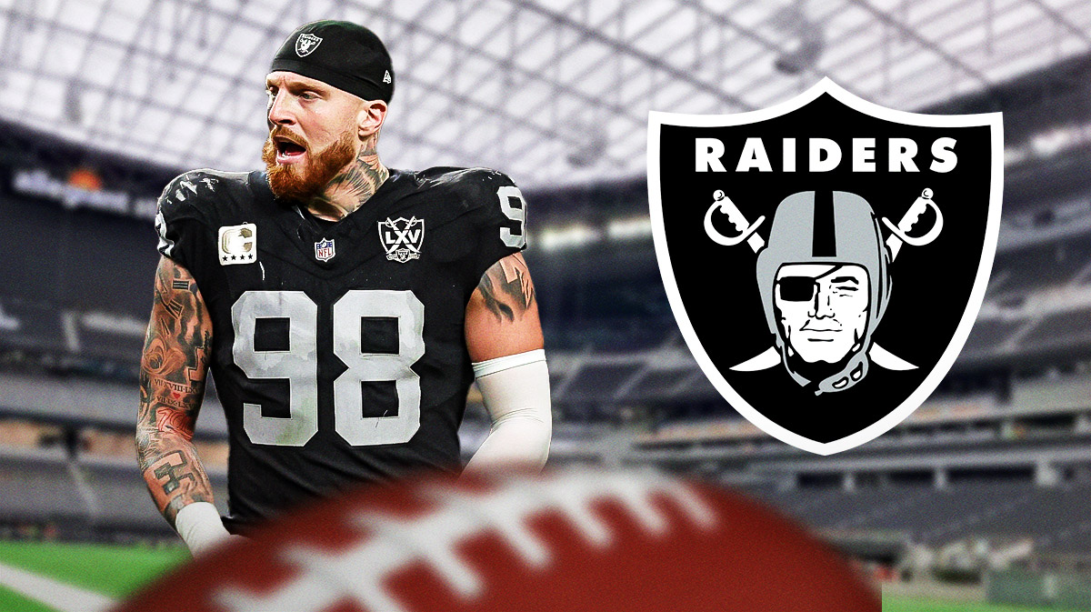 Maxx Crosby looking serious next to a Raiders logo