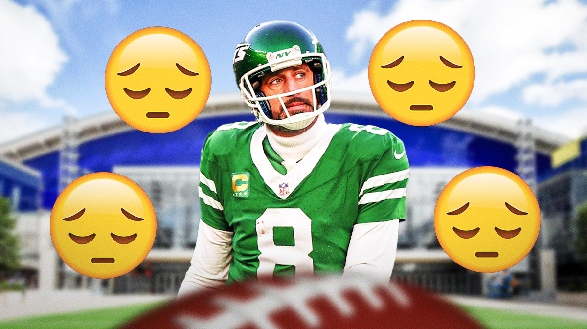 Aaron Rodgers with sad face emojis surrounding the picture.
