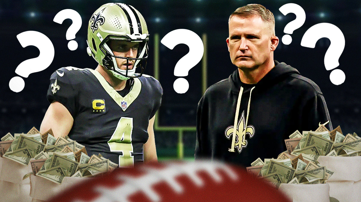 Saints' QB Derek Carr standing next to head coach Darren Rizzi with a bag of money with question marks surrounding the two of them.