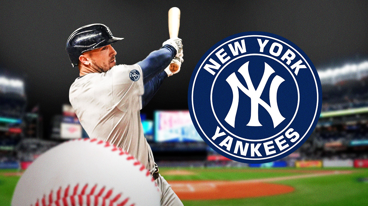 Alex Bregman swinging a bat next to a Yankees logo