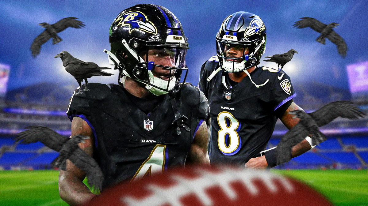 Ravens WR Zay Flowers with Lamar Jackson looking happy