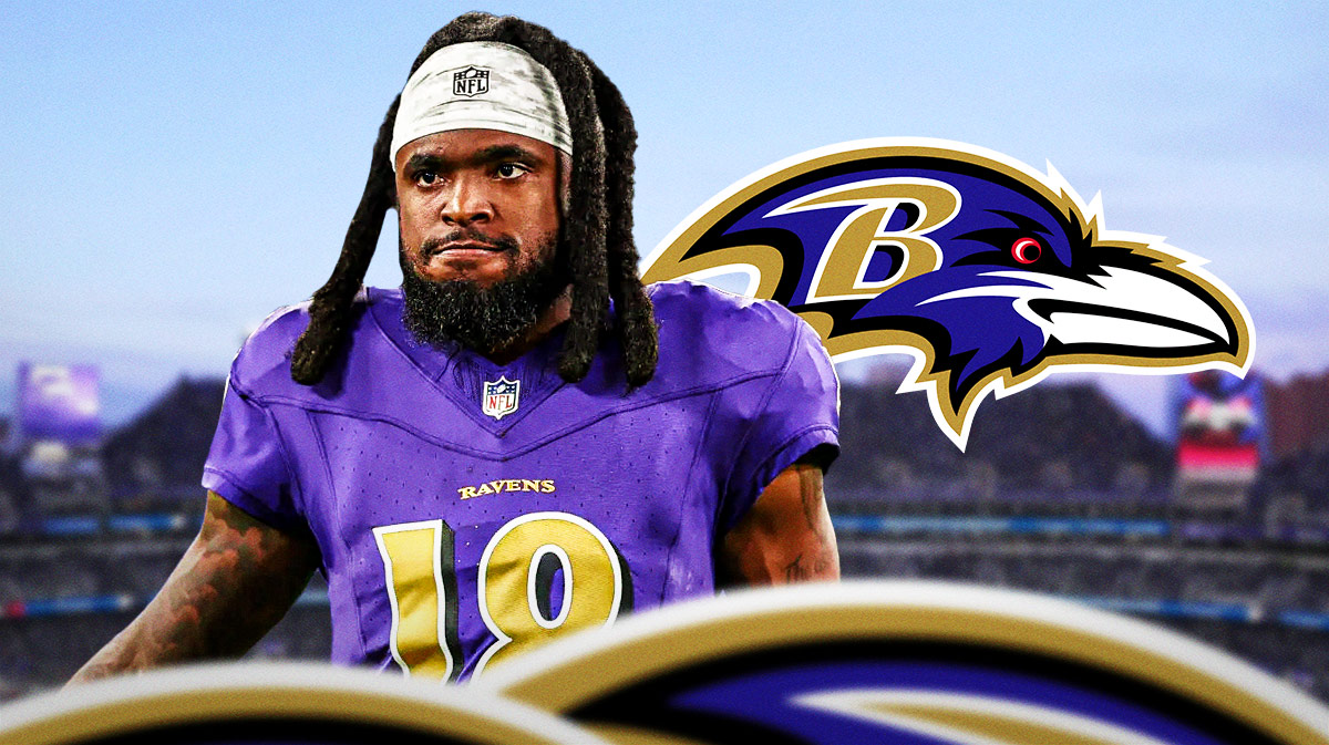Ravens Diontae Johnson looking sad/upset next to a Ravens logo. Background is M&T Bank Stadium, thanks