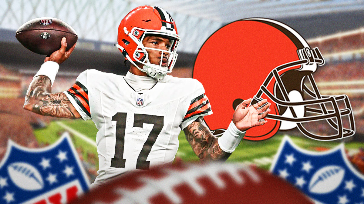 Dorian Thompson-Robinson throwing a pass next to a Browns logo