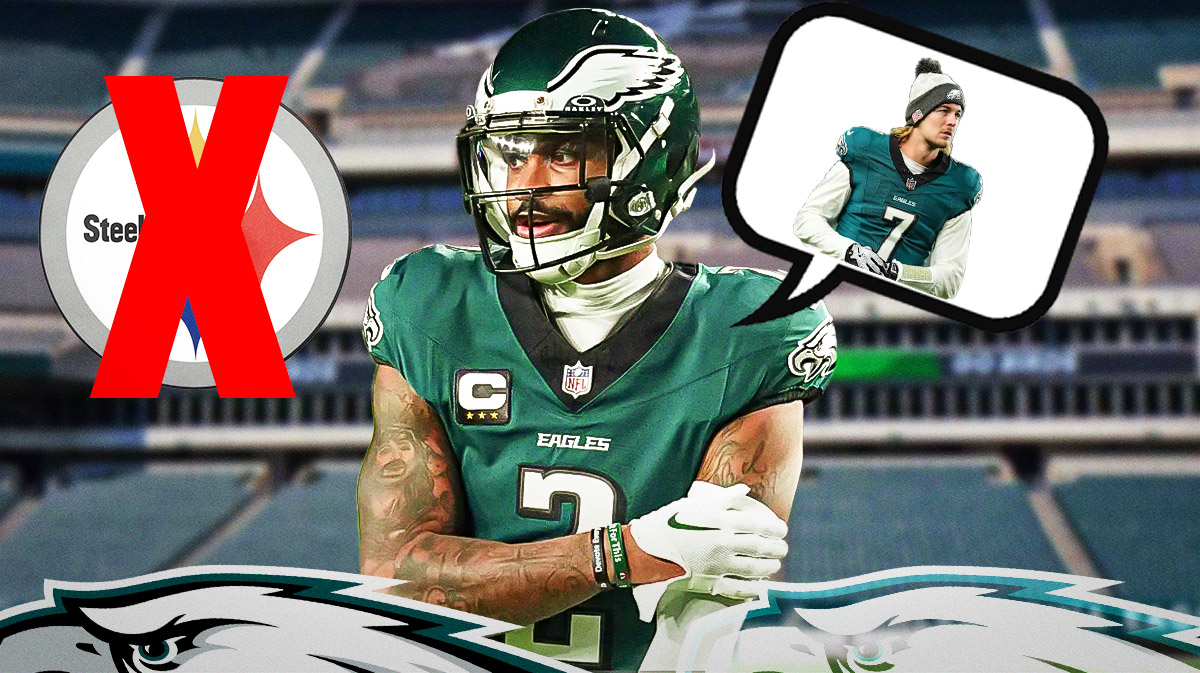 Eagles defensive back Darius Slay with a thought bubble of Eagles quarterback Kenny Pickett inside and a red X mark on the Pittsburgh Steelers logo.