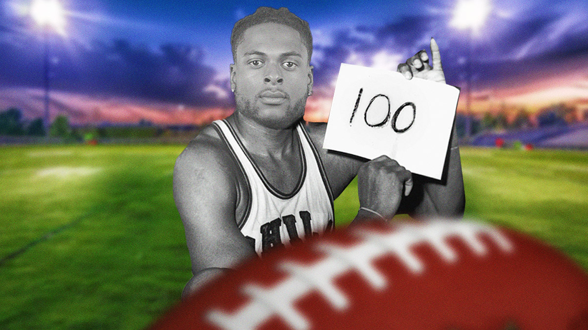 New York Jets wide receiver Davante Adams holding up a 100 sign