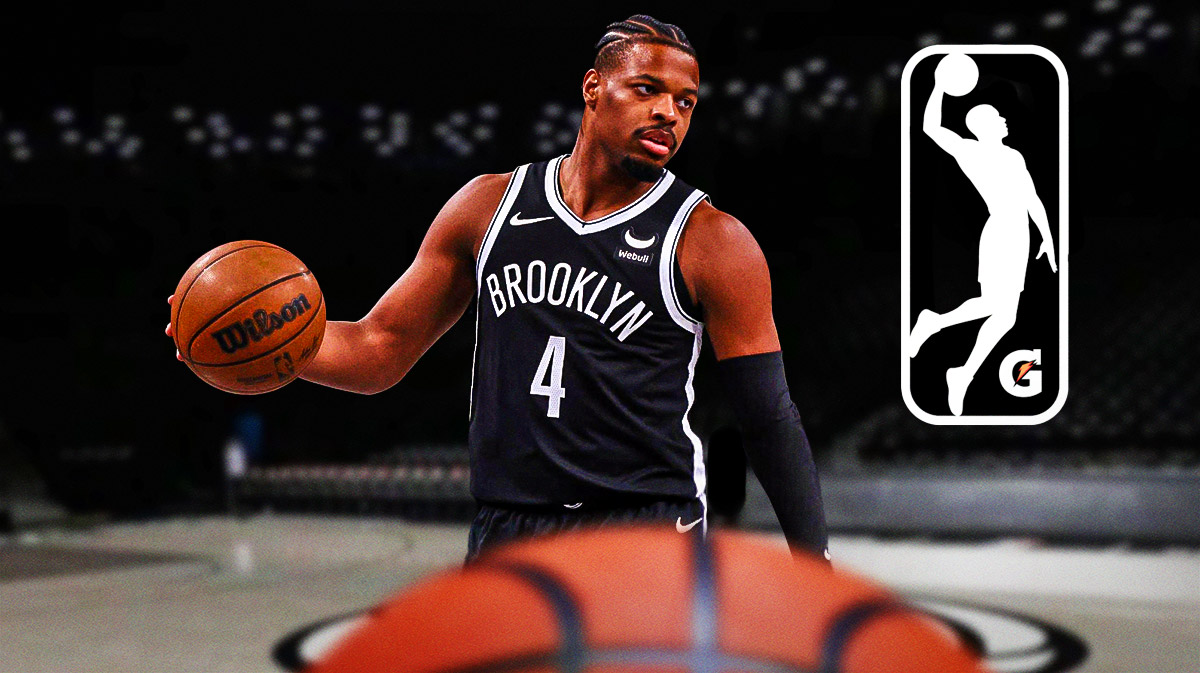 Dennis Smith Jr. in a Nets uniform with the G-League logo next to him