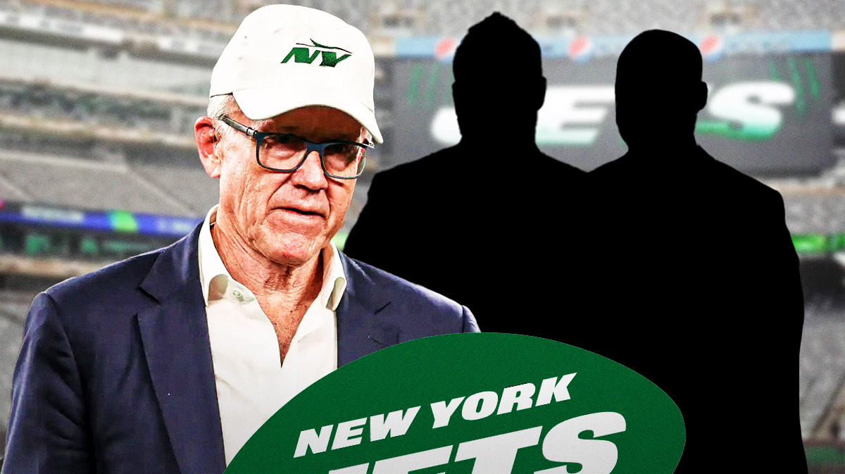 Woody Johnson on one side, silhouettes of Jon Robinson and Louis Riddick on the other side