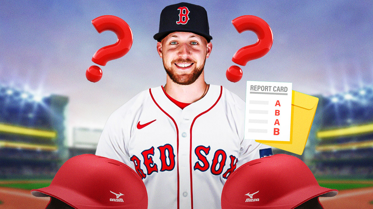 Garrett Crochet in a Red Sox uniform standing next to a report card with question marks on it