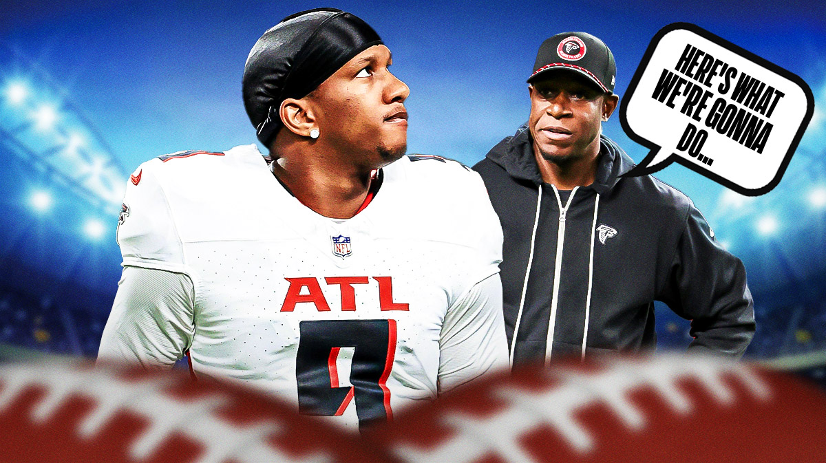 Atlanta Falcons quarterback Michael Penix Jr. and head coach Raheem Morris
