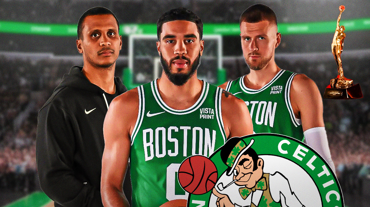 Celtics superstar Jayson Tatum in between Celtics head coach Joe Mazzulla and Celtics center Kristaps Porzingis & the NBA MVP trophy in the background