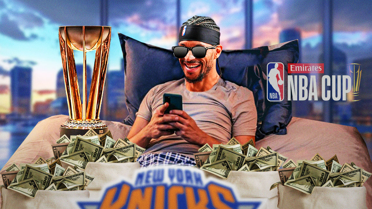 Knicks' Josh Hart lying in a bed filled with cash while wearing shades, NBA Cup trophy and NBA Cup logo beside him